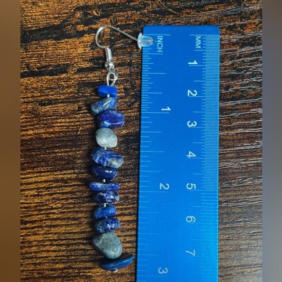 Natural Blue Lapis & Irregular Crystal Gravel Bead Earrings NWT - Picture 8 of 9